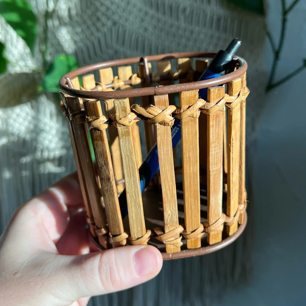Vintage Bamboo & Rattan Pencil Holder Desk Organizer Wicker Rustic Office Decor